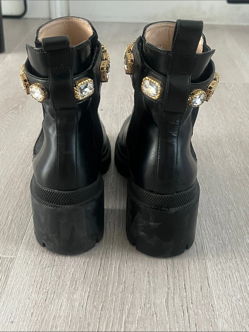 Gucci Black Leather Ankle Boots with Gold GG & Jeweled Strap